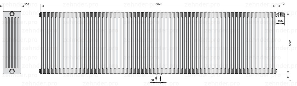 Схема (чертеж) Радиатор Zehnder Charleston 6220/60 №V008 Белый глянцевый RAL 9016